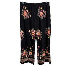 Liv Los Angeles Petite Black Embroidered Rayon Wide Leg Pants PXL NWT